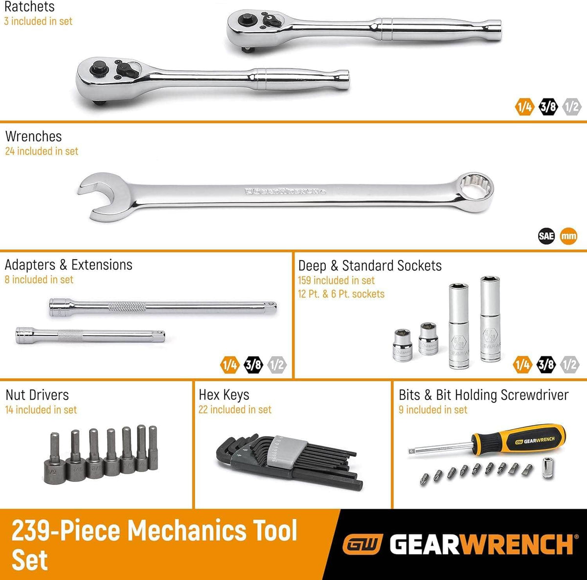 A feature callout diagram of the GEARWRENCH 239-piece set, showing the different categories of tools included, such as ratchets, wrenches, sockets, and drivers.