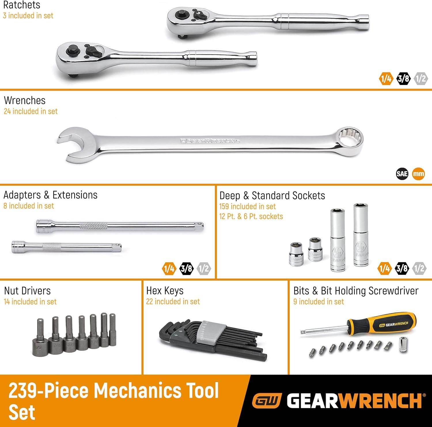A feature callout diagram of the GEARWRENCH 239-piece set, showing the different categories of tools included, such as ratchets, wrenches, sockets, and drivers.