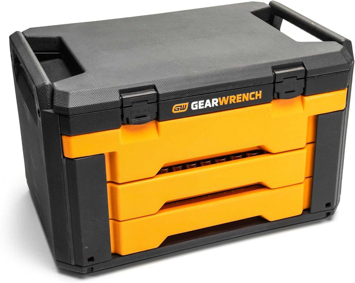 A three-quarter angle studio shot of the closed 3-drawer black and yellow GEARWRENCH storage box.