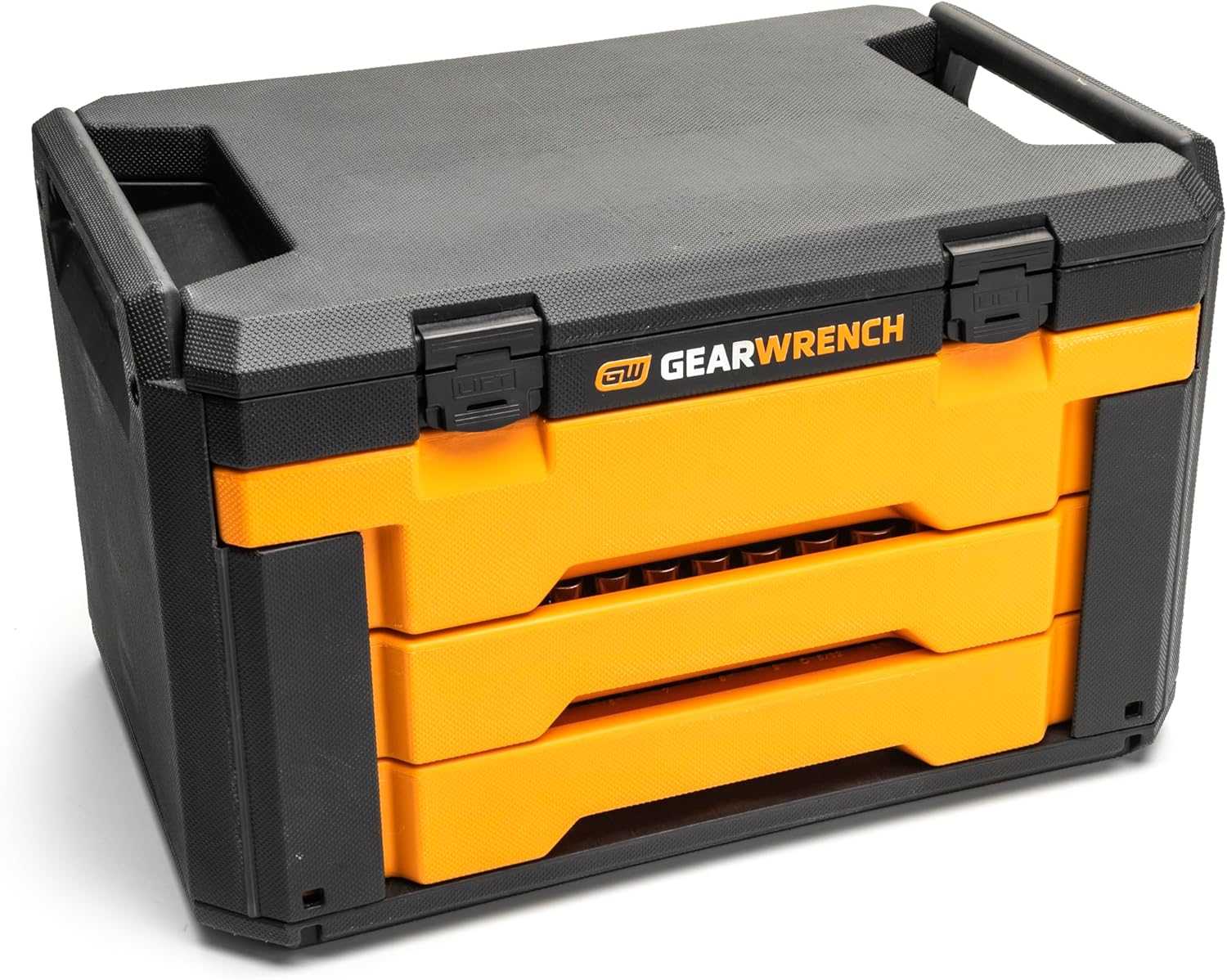 A three-quarter angle studio shot of the closed 3-drawer black and yellow GEARWRENCH storage box.