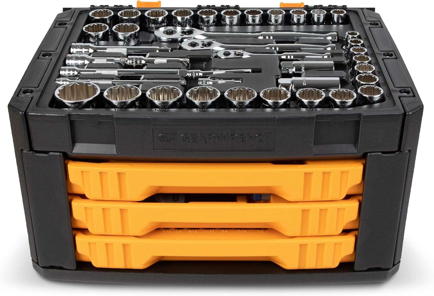 A studio shot of the GEARWRENCH 3-drawer tool box with the top lid open, revealing the top tray of ratchets and 1/2-inch drive sockets.