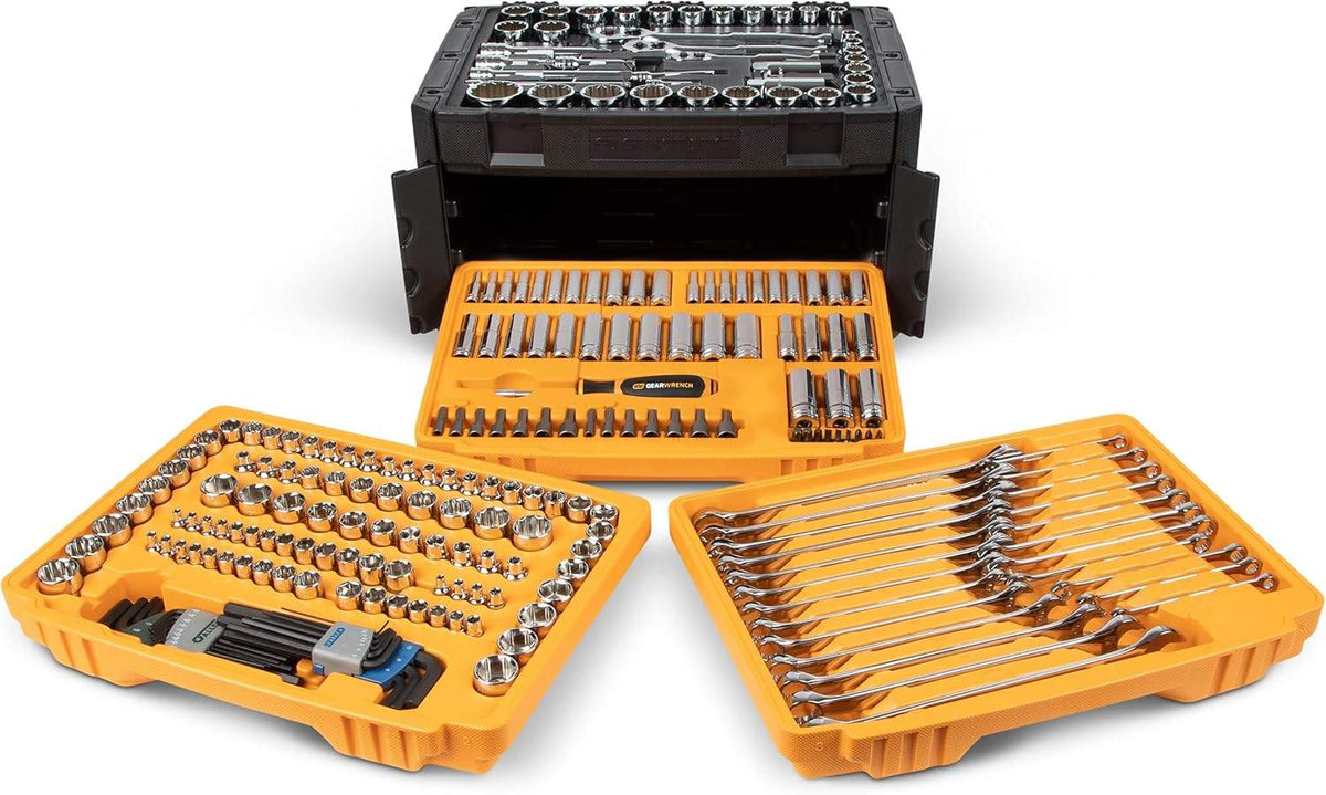 A studio shot of the GEARWRENCH 80942 set with the 3-drawer box open and all three tool trays removed and displayed in front.