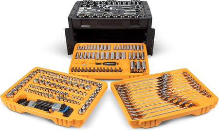 A studio shot of the GEARWRENCH 80942 set with the 3-drawer box open and all three tool trays removed and displayed in front.