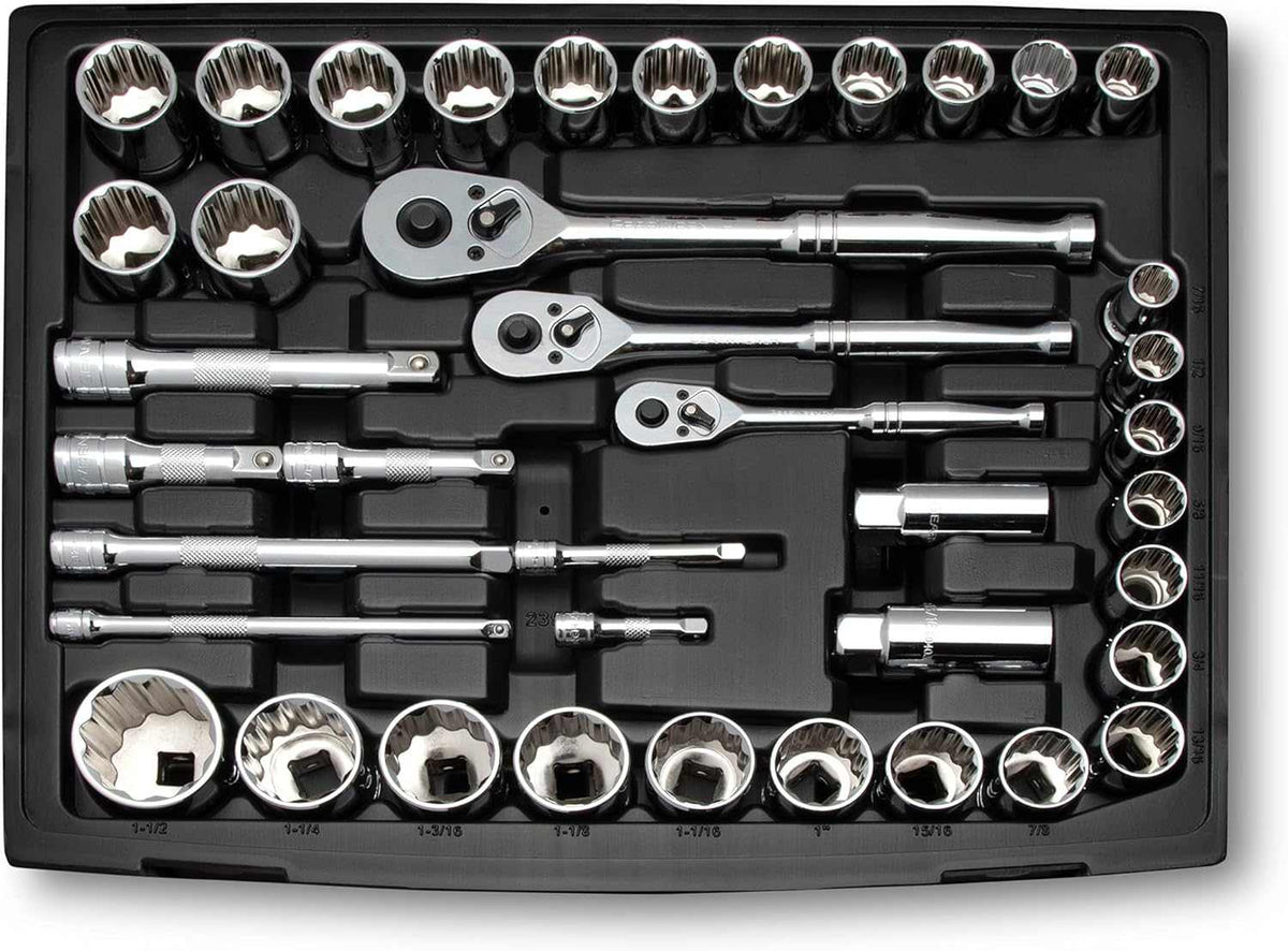 A studio shot of the top tray from the 3-drawer box, showing the three ratchets, extension bars, and 1/2-inch drive sockets organized in the tray.