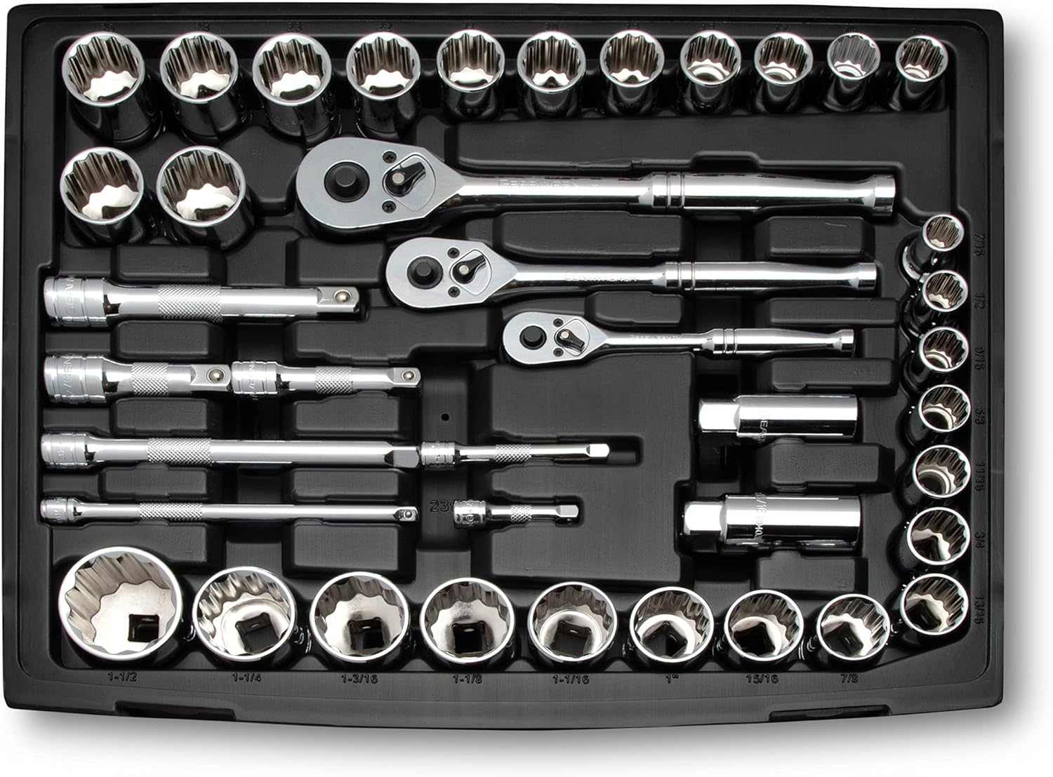 A studio shot of the top tray from the 3-drawer box, showing the three ratchets, extension bars, and 1/2-inch drive sockets organized in the tray.