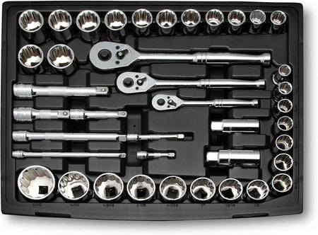 A studio shot of the top tray from the 3-drawer box, showing the three ratchets, extension bars, and 1/2-inch drive sockets organized in the tray.