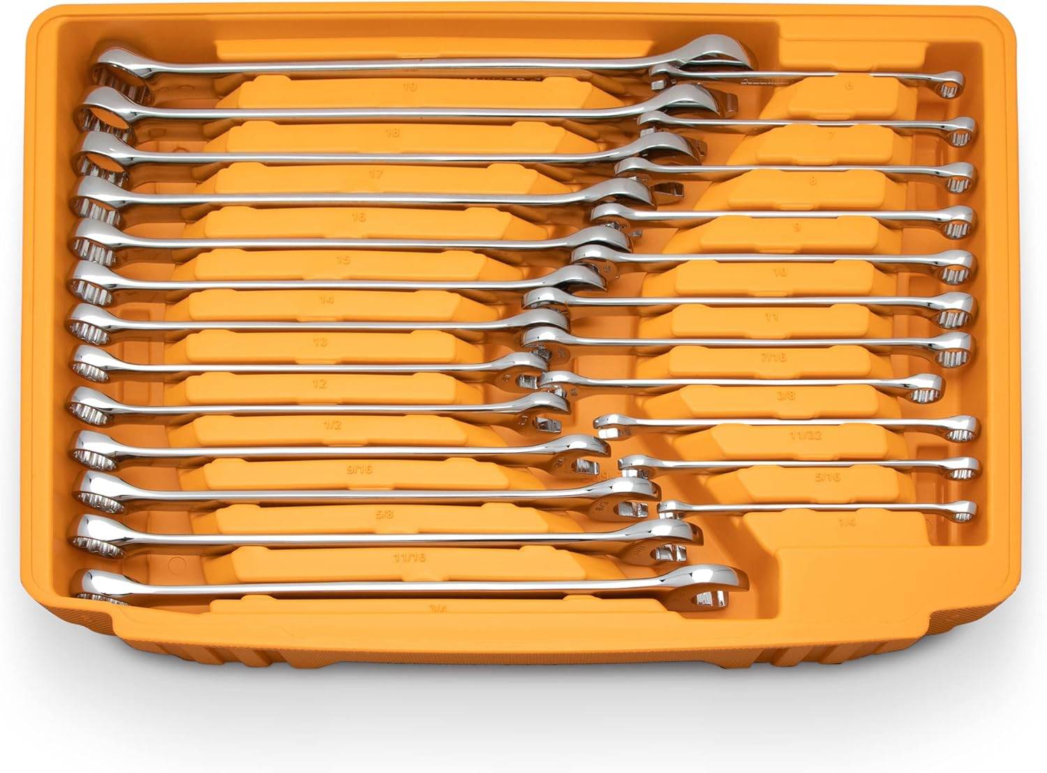 A studio shot of the first drawer tray, showing the full set of 24 combination wrenches organized in the tray.