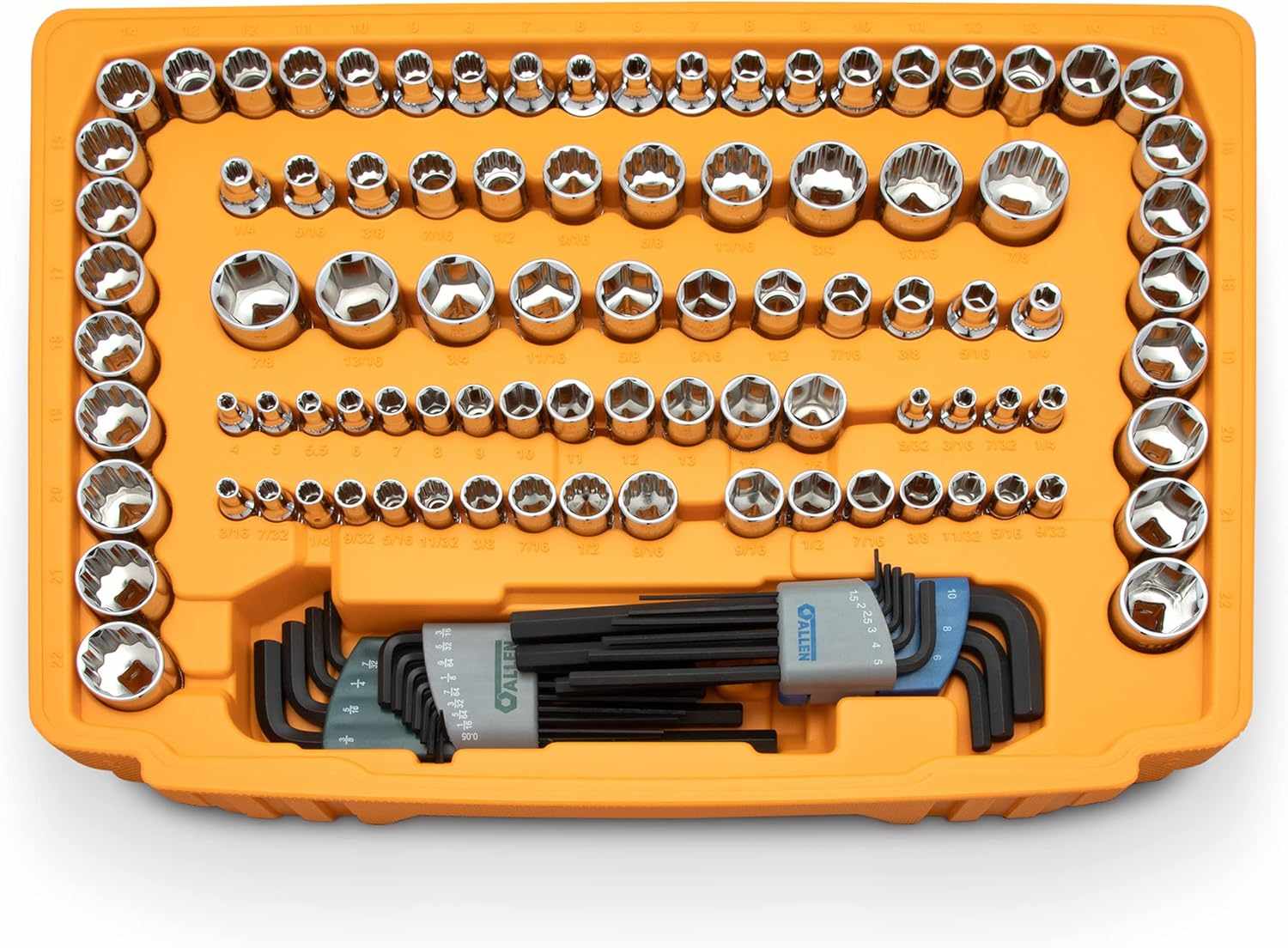 A studio shot of the second drawer tray, showing the full assortment of 1/4-inch and 3/8-inch standard sockets, plus two sets of hex keys.