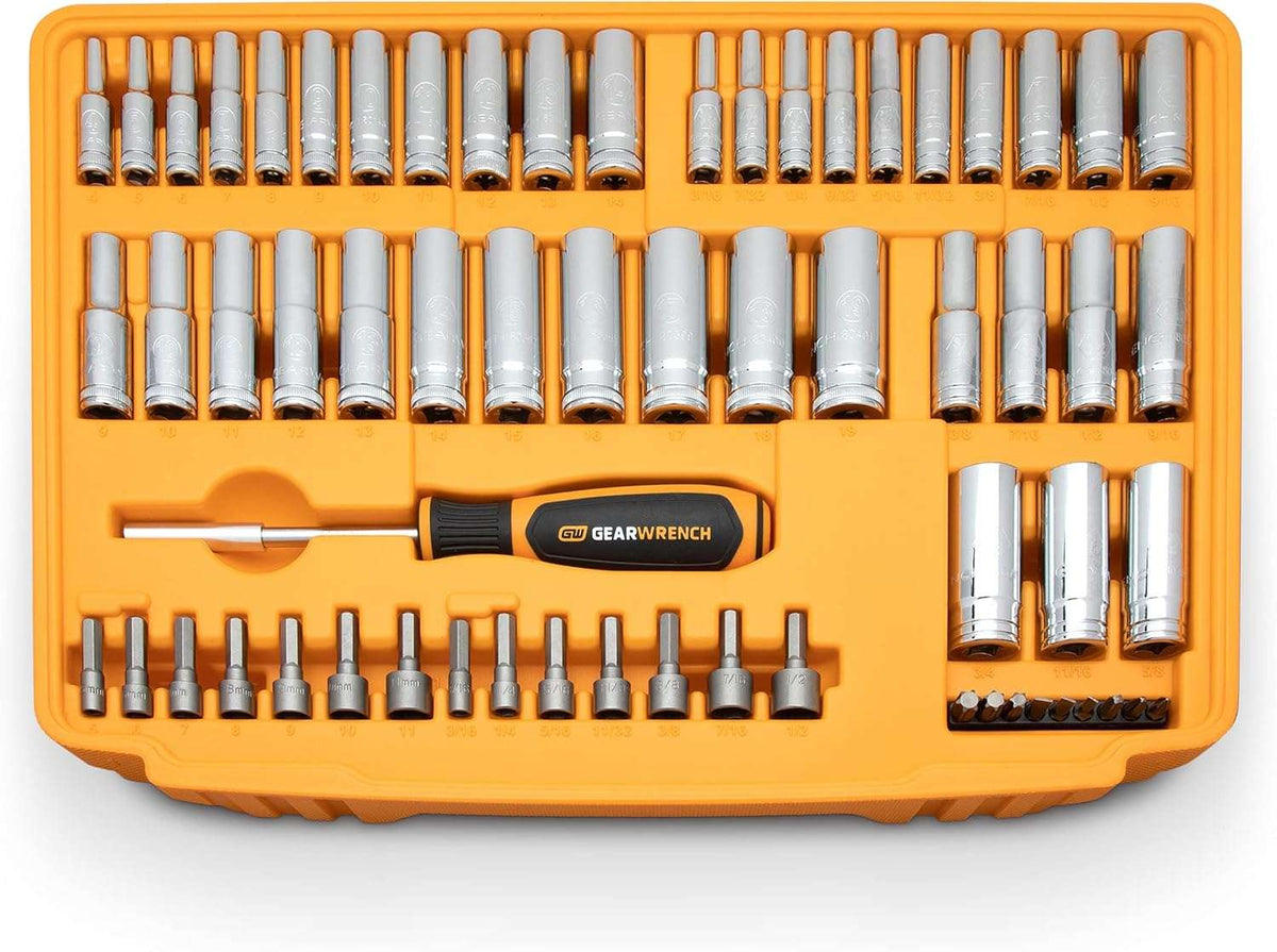 A studio shot of the third drawer tray, showing the deep sockets, nut drivers, bit sockets, and the bit-holding screwdriver.