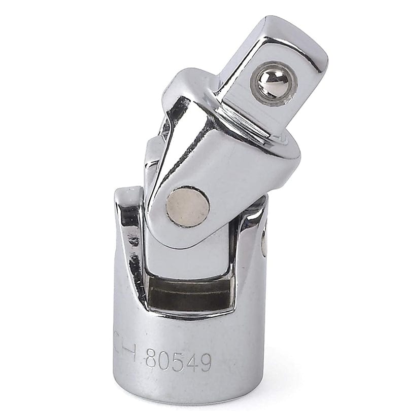 A close-up studio shot of a chrome GEARWRENCH universal joint adapter.