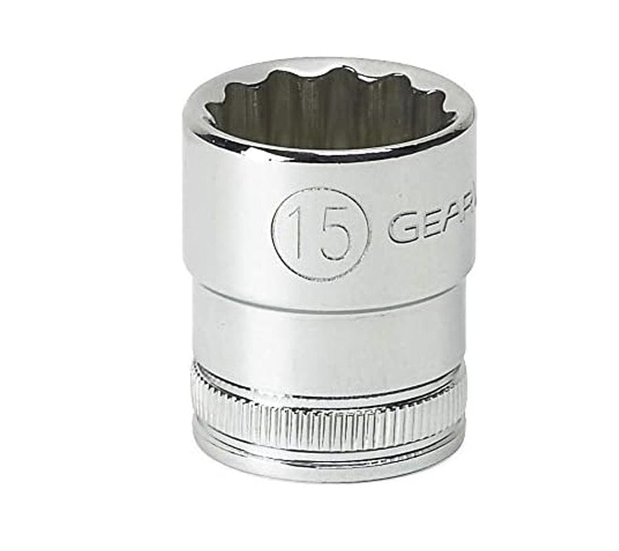 A close-up studio shot of a 15mm GEARWRENCH 12-point chrome socket.