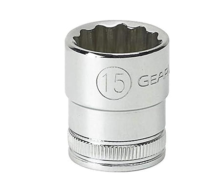 A close-up studio shot of a 15mm GEARWRENCH 12-point chrome socket.