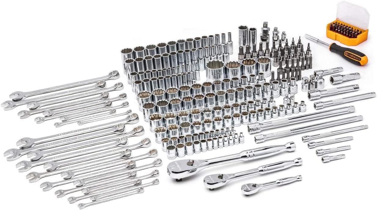A studio shot of the complete 243-piece GEARWRENCH mechanics tool set, including all ratchets, wrenches, sockets, bits, and extensions, laid out without the box.
