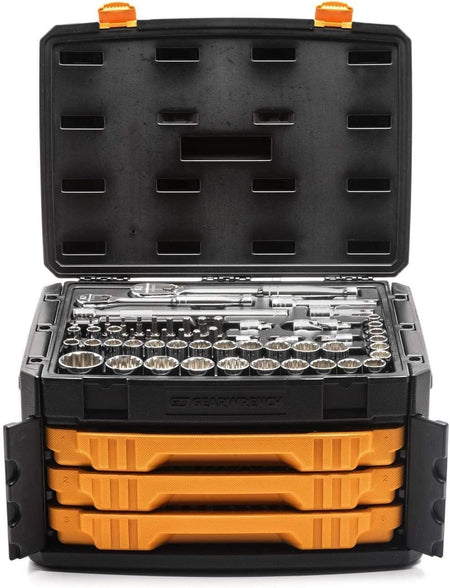 A front-on studio shot of the GEARWRENCH 3-drawer tool box with the top lid open, showing the ratchets and 1/2-inch drive sockets, and the three drawers closed.