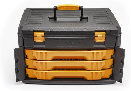 A three-quarter angle studio shot of the closed GEARWRENCH 3-drawer black and yellow storage box.