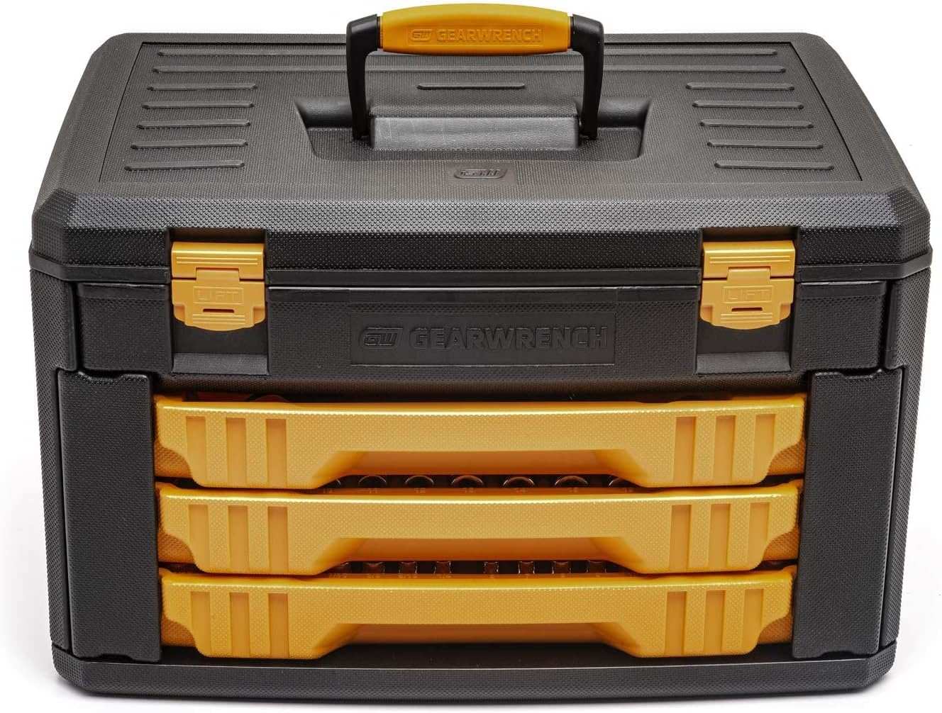 A front-on studio shot of the closed GEARWRENCH 3-drawer black and yellow storage box.