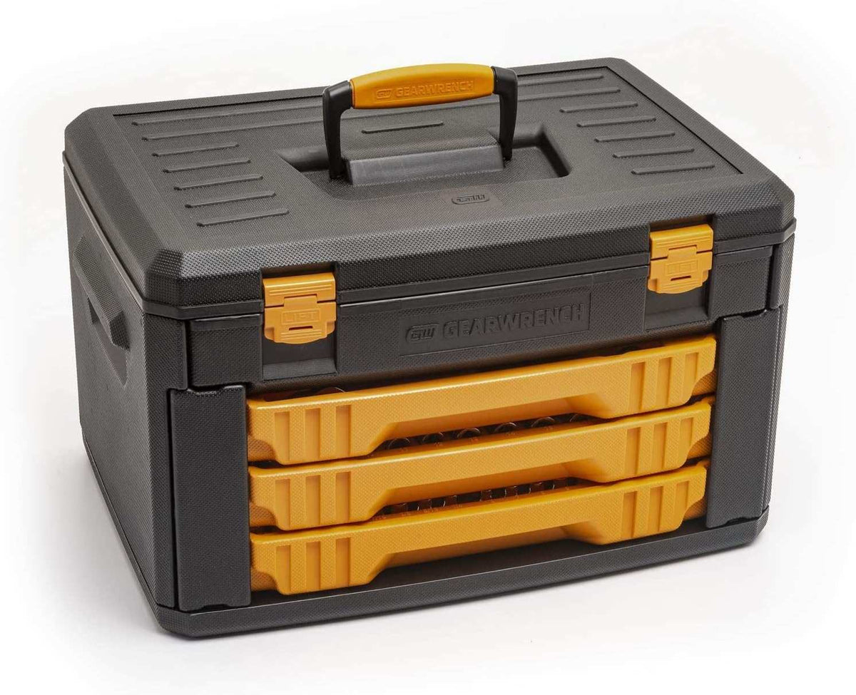 A three-quarter angle studio shot of the closed GEARWRENCH 3-drawer black and yellow storage box.