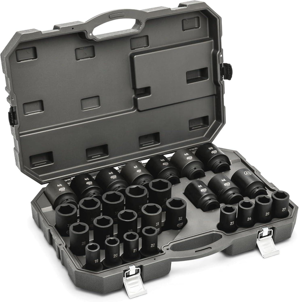 A studio shot of the open GEARWRENCH 84033 blow mold case, showing all 28 deep metric impact sockets organized inside.