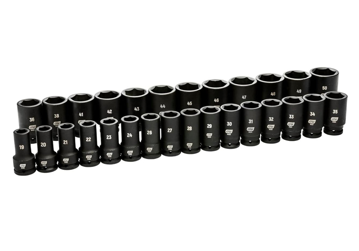 A studio shot of all 28 black 3/4-inch drive deep metric impact sockets from the GEARWRENCH 84033 set, arranged in two rows from smallest to largest.