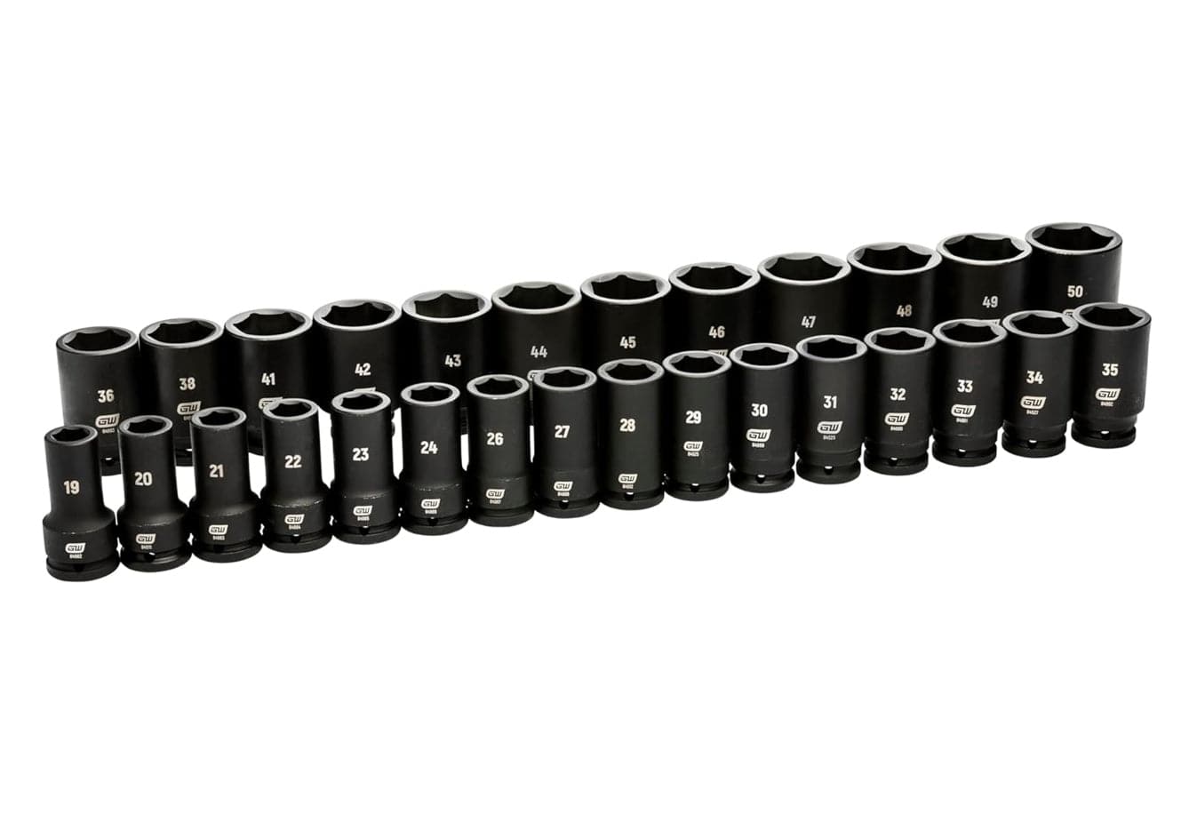 A studio shot of all 28 black 3/4-inch drive deep metric impact sockets from the GEARWRENCH 84033 set, arranged in two rows from smallest to largest.
