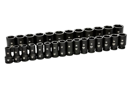 A studio shot of all 28 black 3/4-inch drive deep metric impact sockets from the GEARWRENCH 84033 set, arranged in two rows from smallest to largest.