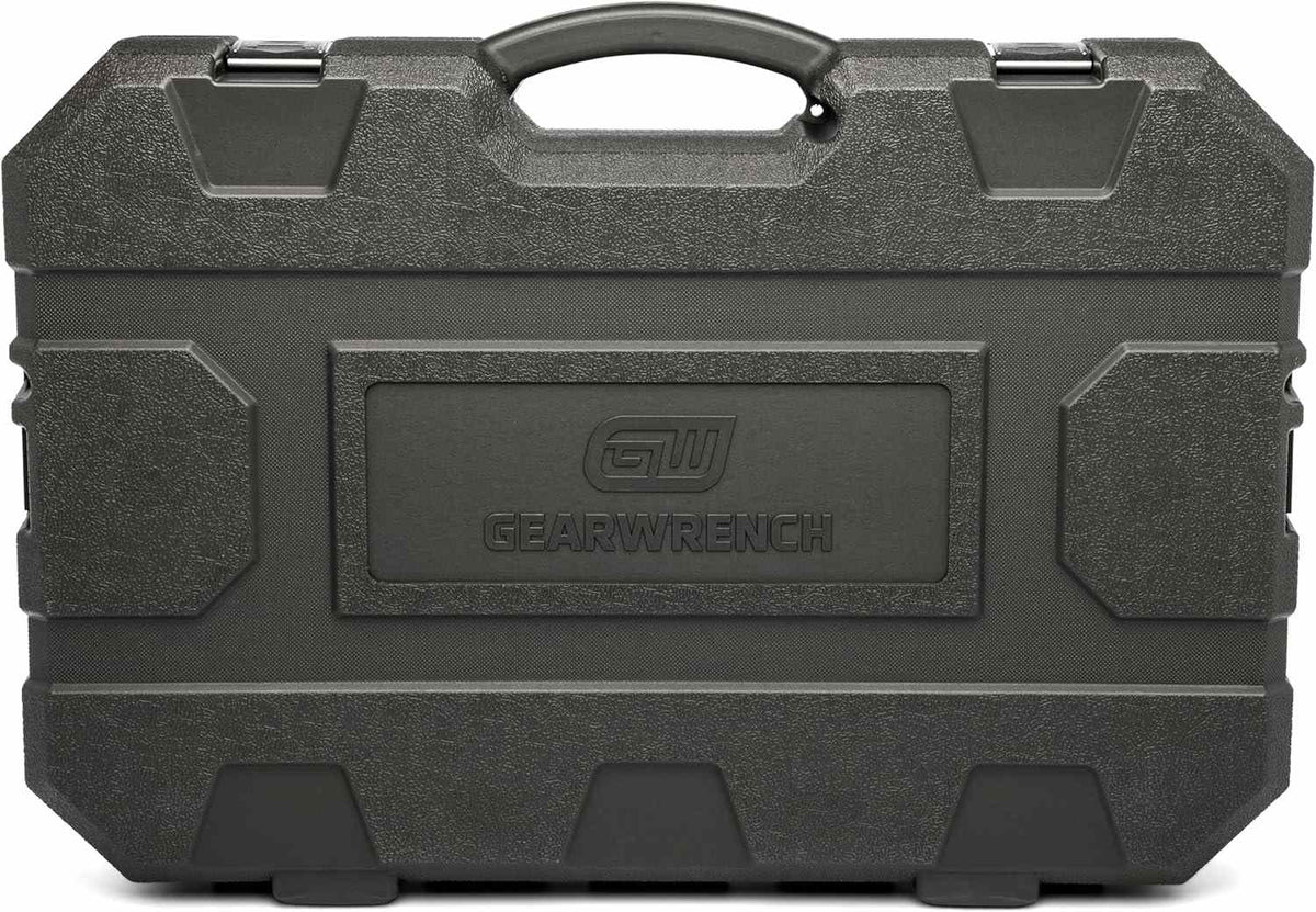 A studio shot of the closed gray blow mold case for the GEARWRENCH 84033 impact socket set.