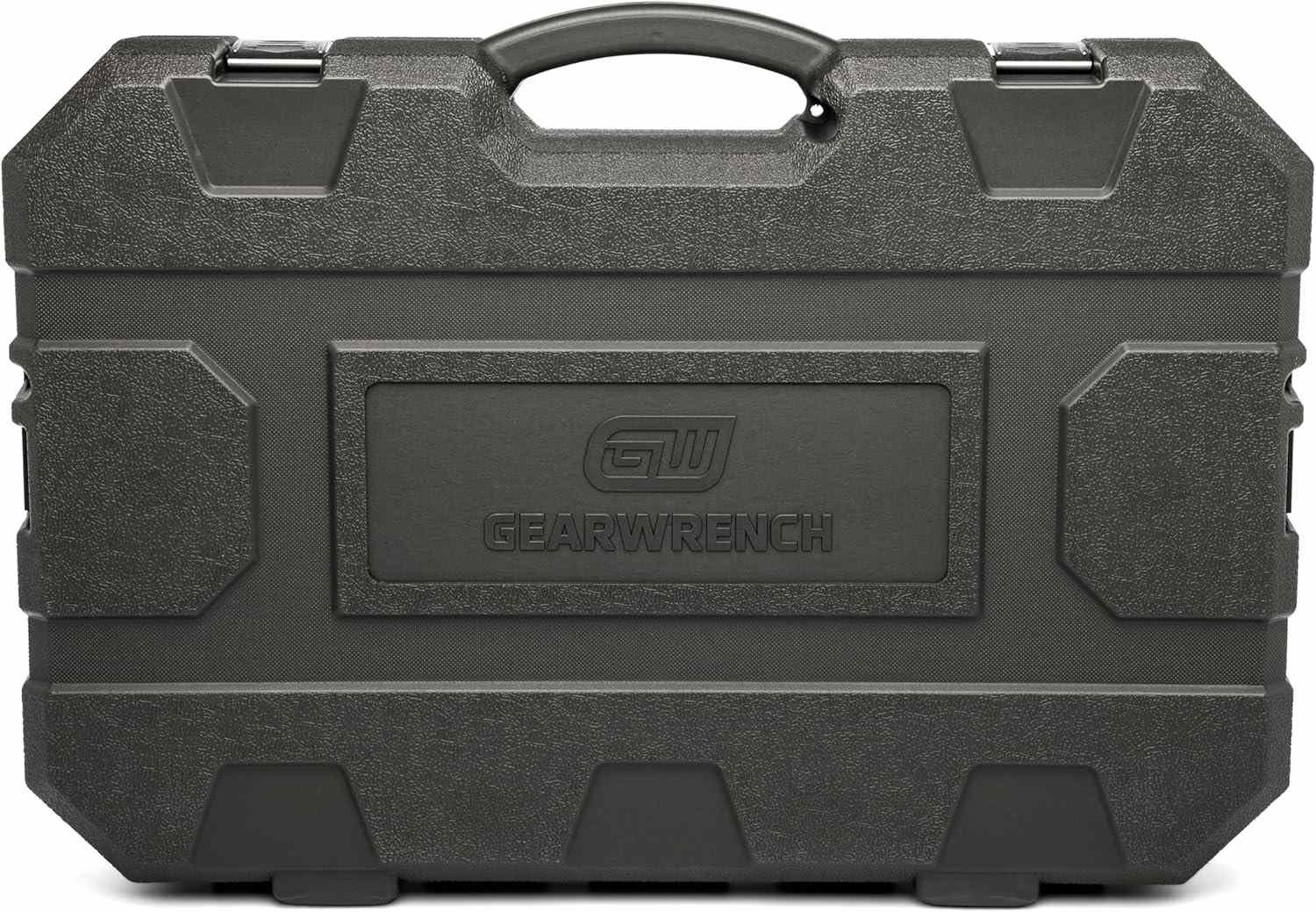 A studio shot of the closed gray blow mold case for the GEARWRENCH 84033 impact socket set.