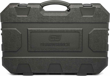 A studio shot of the closed gray blow mold case for the GEARWRENCH 84033 impact socket set.