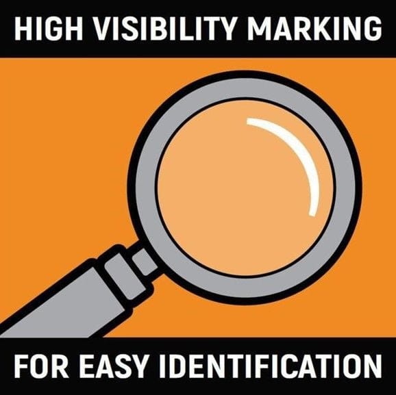 A graphic icon of a magnifying glass, labeled "HIGH VISIBILITY MARKING FOR EASY IDENTIFICATION".