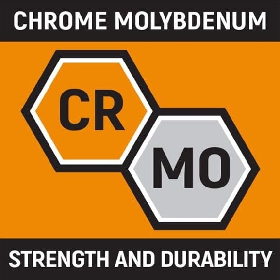A graphic icon showing "CR" (Chrome) and "MO" (Molybdenum) in hex shapes, labeled "CHROME MOLYBDENUM STRENGTH AND DURABILITY".