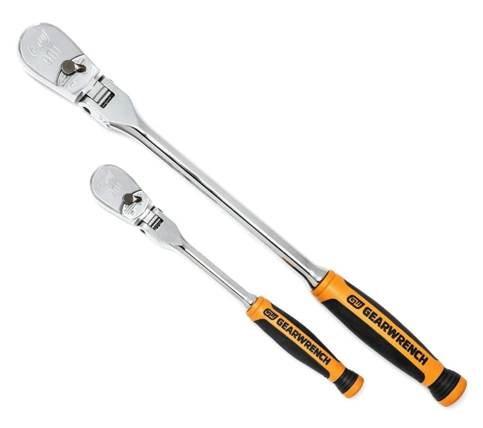 Studio view of the GearWrench 2-piece 90-tooth flex head ratchet set showing the 1/4 inch and 3/8 inch drive tools with orange and black comfort grips.