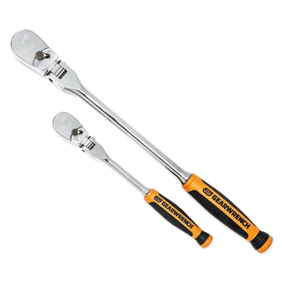 Studio view of the GearWrench 2-piece 90-tooth flex head ratchet set showing the 1/4 inch and 3/8 inch drive tools with orange and black comfort grips.