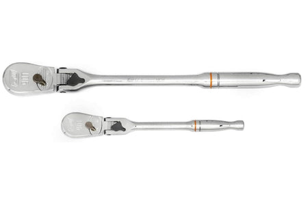 Two chrome ratchet wrenches of different sizes with quick-release buttons and directional switches on white background.