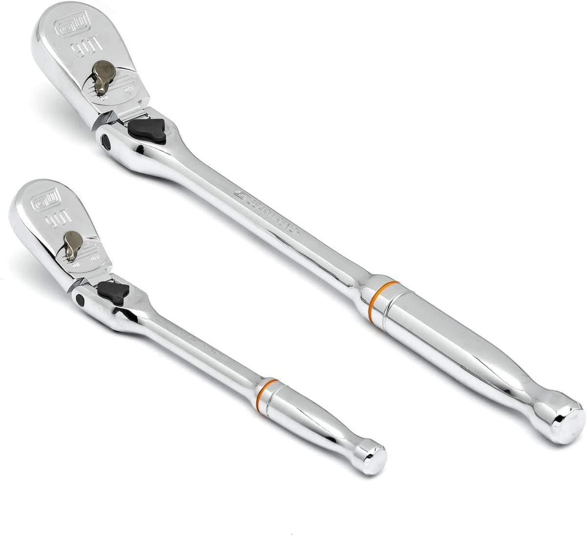 Two chrome ratchet wrenches with pivoting heads and ergonomic handles, engraved with GearWrench branding.