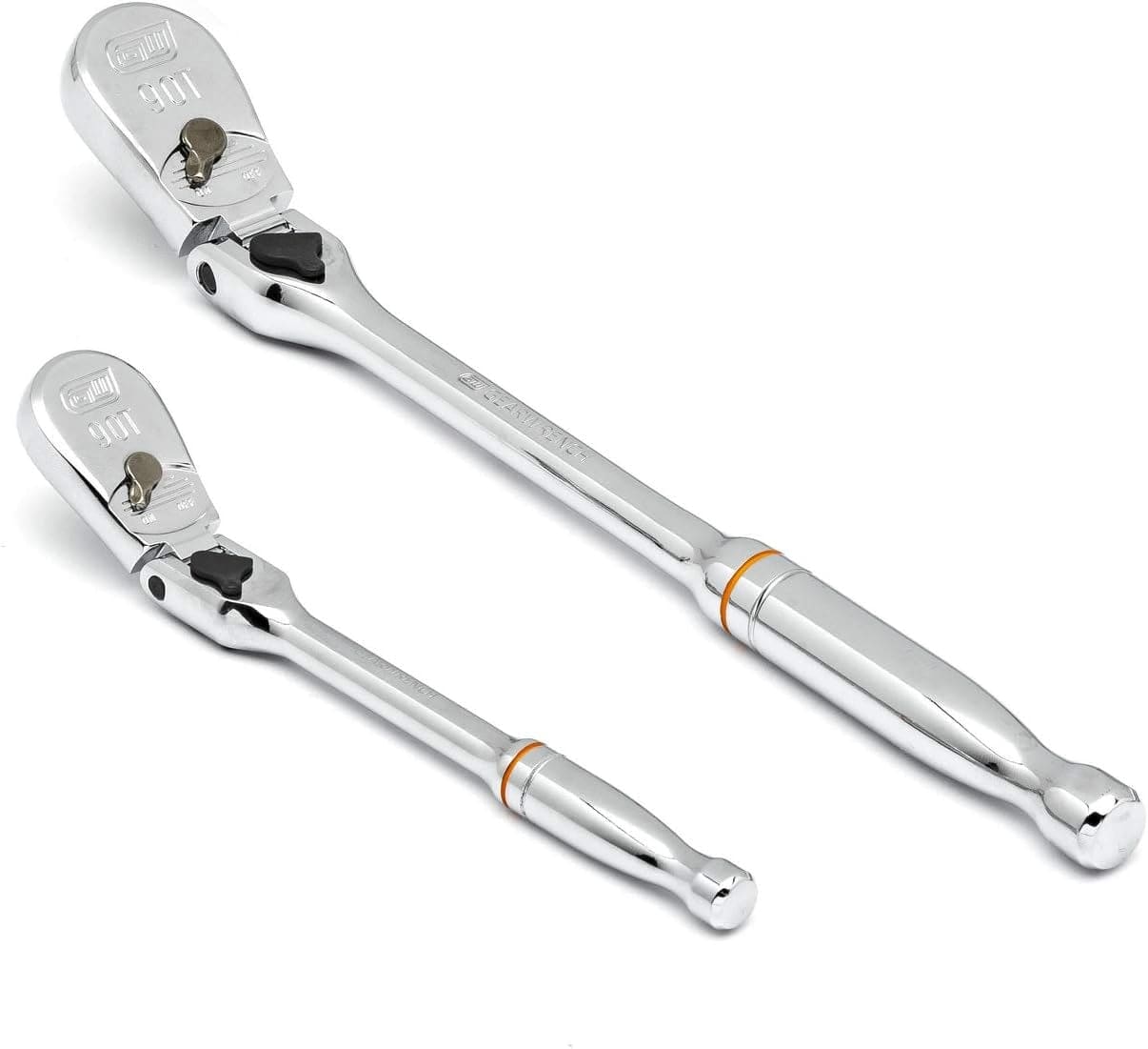 Two chrome ratchet wrenches with pivoting heads and ergonomic handles, engraved with GearWrench branding.