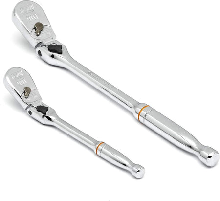 Two chrome ratchet wrenches with pivoting heads and ergonomic handles, engraved with GearWrench branding.