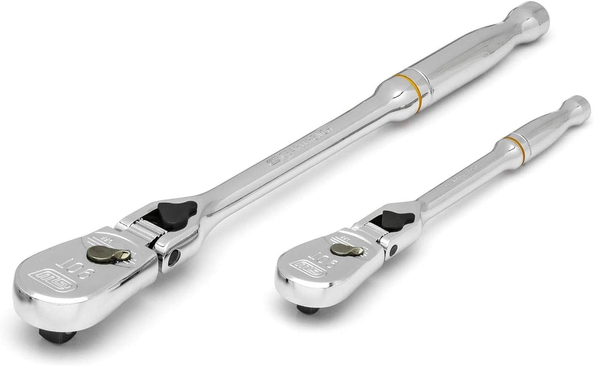 Two chrome ratchet wrenches side by side, featuring directional switches and square drives for socket attachment.