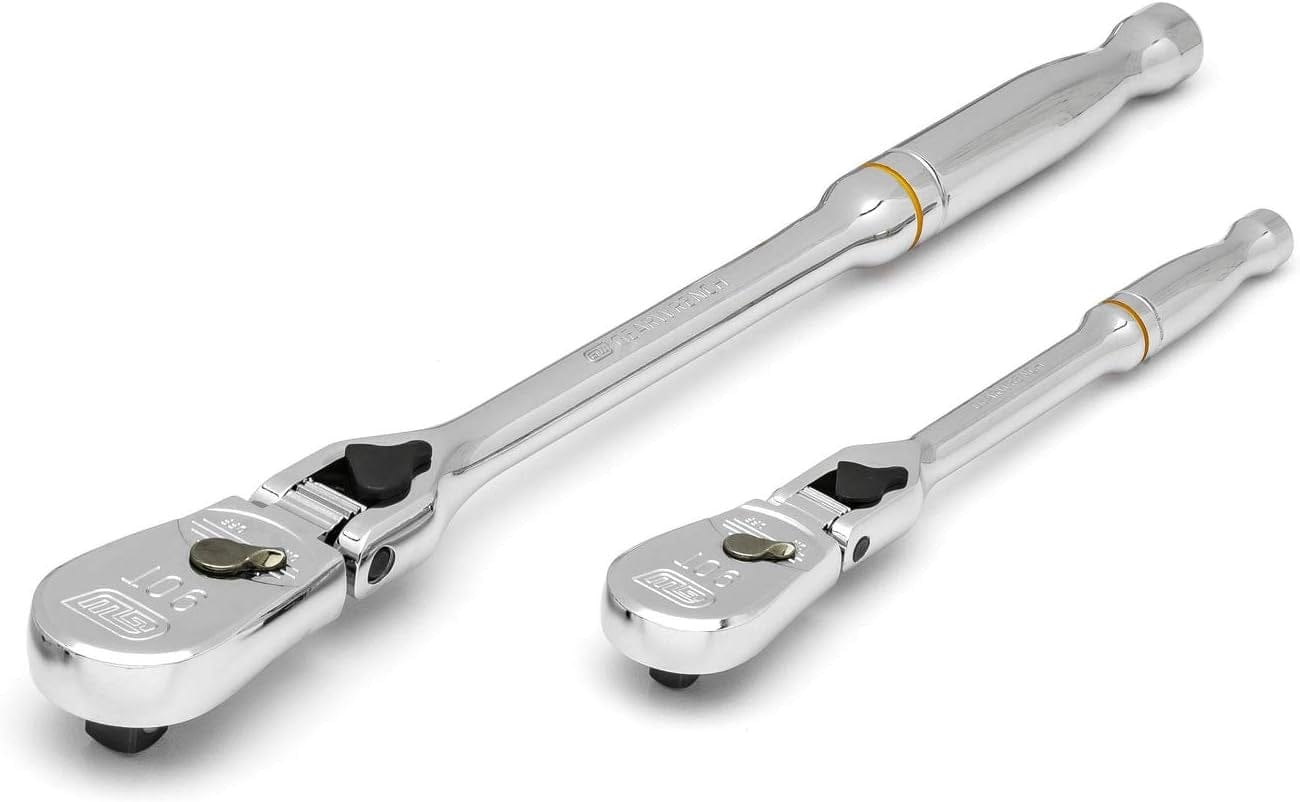 Two chrome ratchet wrenches side by side, featuring directional switches and square drives for socket attachment.