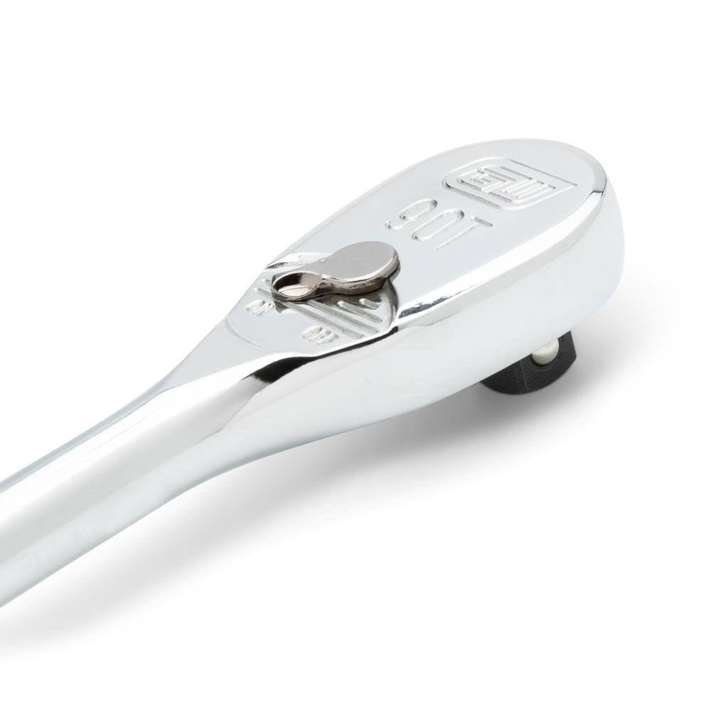 Close-up of ratchet wrench head with directional switch and “90T” engraving, built for precision in tight spaces.