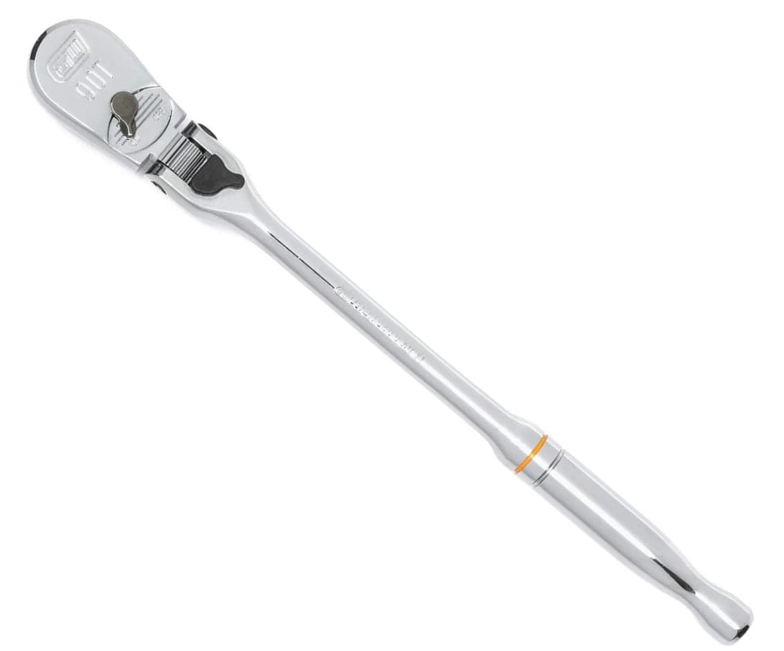 Chrome 3/8-inch ratchet wrench with directional switch and quick-release button, designed for efficient socket changes