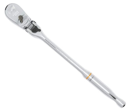 Chrome 3/8-inch ratchet wrench with directional switch and quick-release button, designed for efficient socket changes