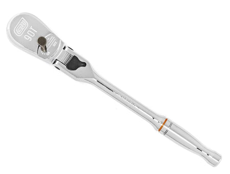 Chrome GearWrench ratchet wrench with pivoting head, engraved “90T” and long handle for leverage and control.