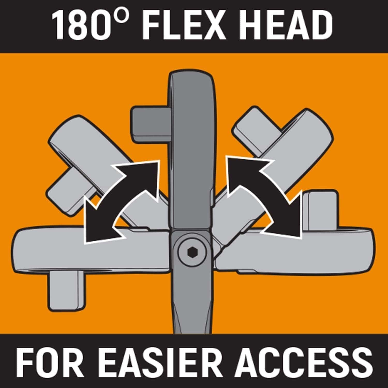 Diagram of a ratchet wrench with a 180° flex head, highlighting adjustable angles for improved access.