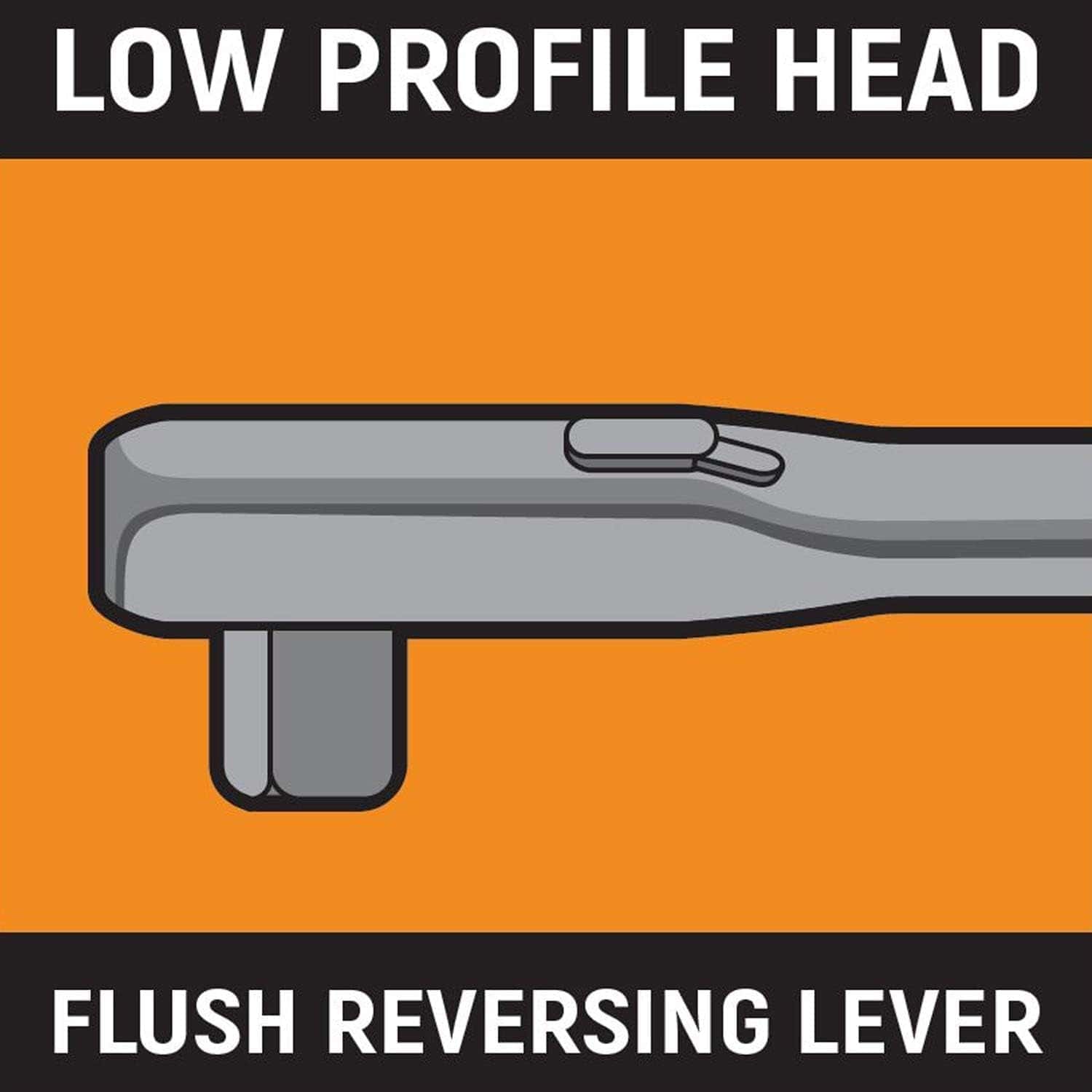 Graphical illustration of a ratchet wrench head with low-profile design and flush reversing lever for tight access.