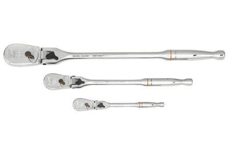 Three GearWrench ratchets labeled “90T” arranged horizontally, each with directional switches and square drives, designed for fine control in automotive and mechanical work.