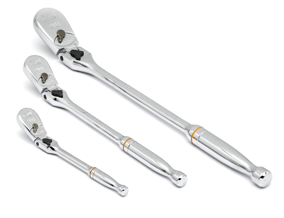 Three chrome ratchets branded “Genius Tools” with pivoting heads, directional switches, and orange rings, arranged side by side to show size and flexibility options