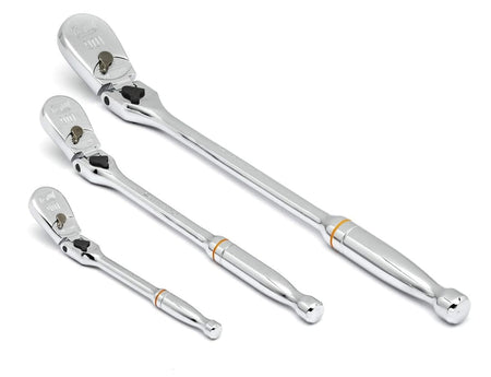 Three chrome ratchets branded “Genius Tools” with pivoting heads, directional switches, and orange rings, arranged side by side to show size and flexibility options