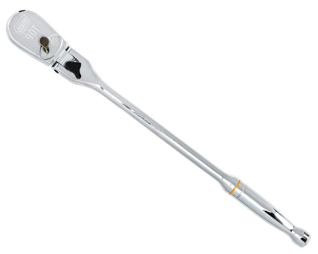 Single chrome ratchet with “90T” marking and orange ring near the handle end, featuring a directional switch and ergonomic curve for comfortable grip in mechanical tasks.