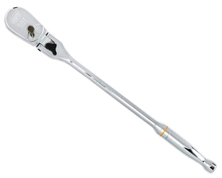 Single chrome ratchet with “90T” marking and orange ring near the handle end, featuring a directional switch and ergonomic curve for comfortable grip in mechanical tasks.