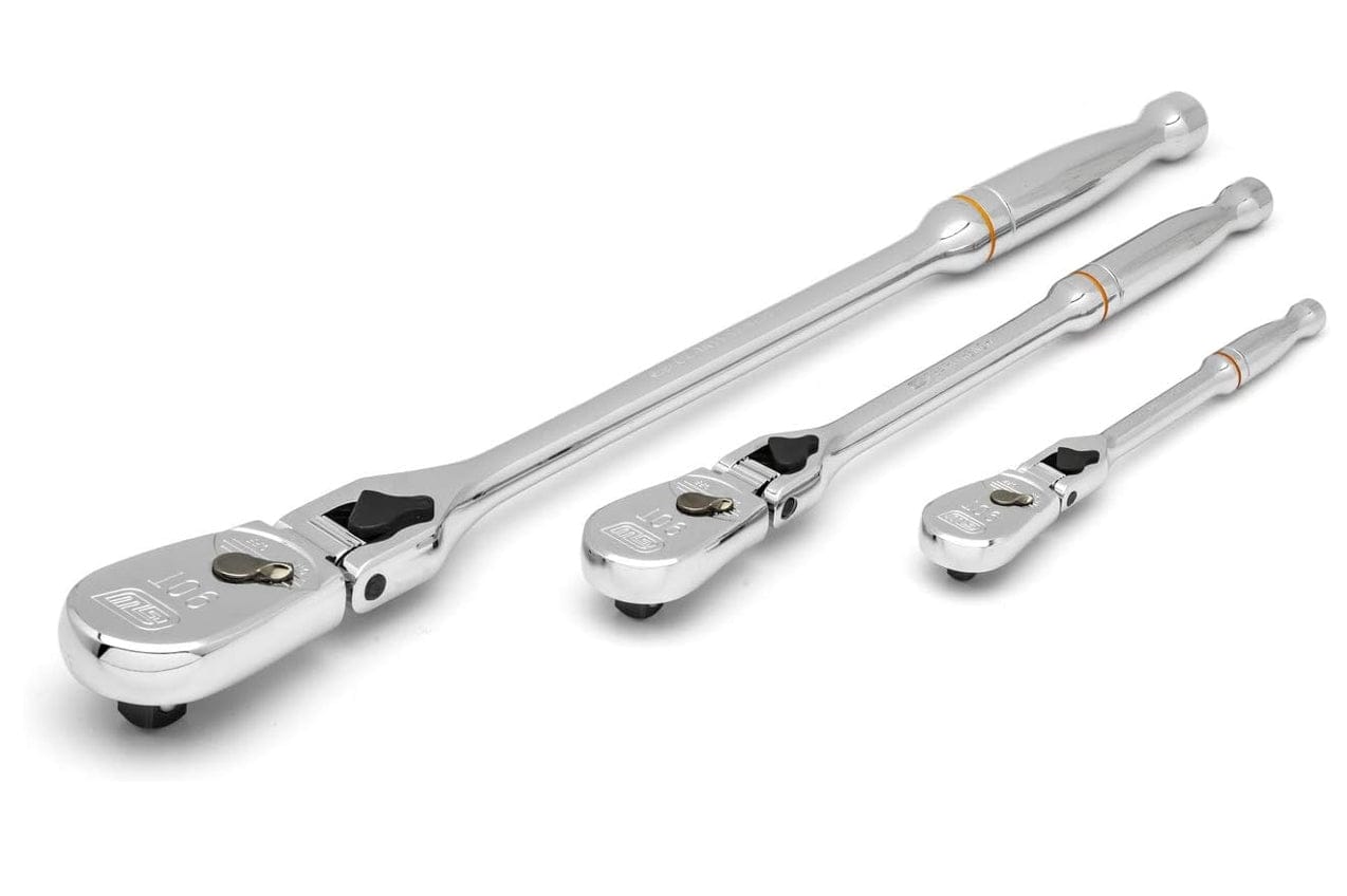 Three chrome GearWrench ratchets of varying lengths arranged side by side, each with directional switches and release buttons, showcasing tool variety for different torque needs.